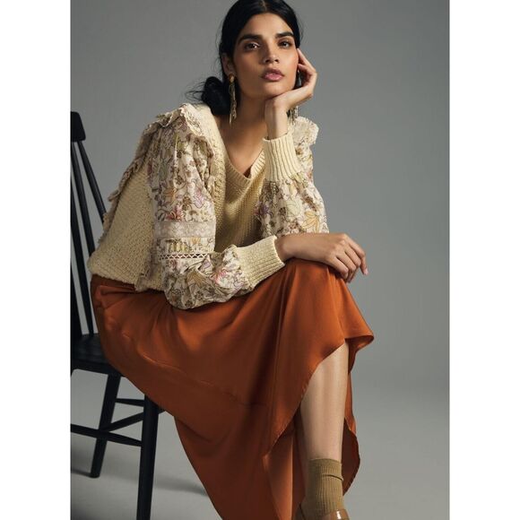 NWT | By Anthropologie Printed-Sleeve Ruffle Sweater Size Large - Picture 4 of 9